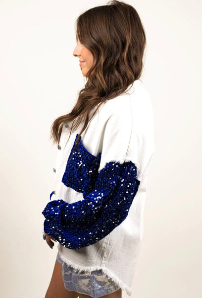 It’s Game Time Sequin Shacket - White & Blue