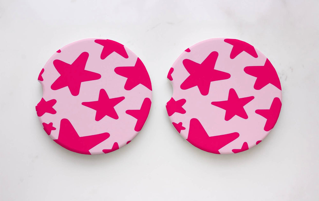 Neoprene Car Coasters - Hot Pink Stars