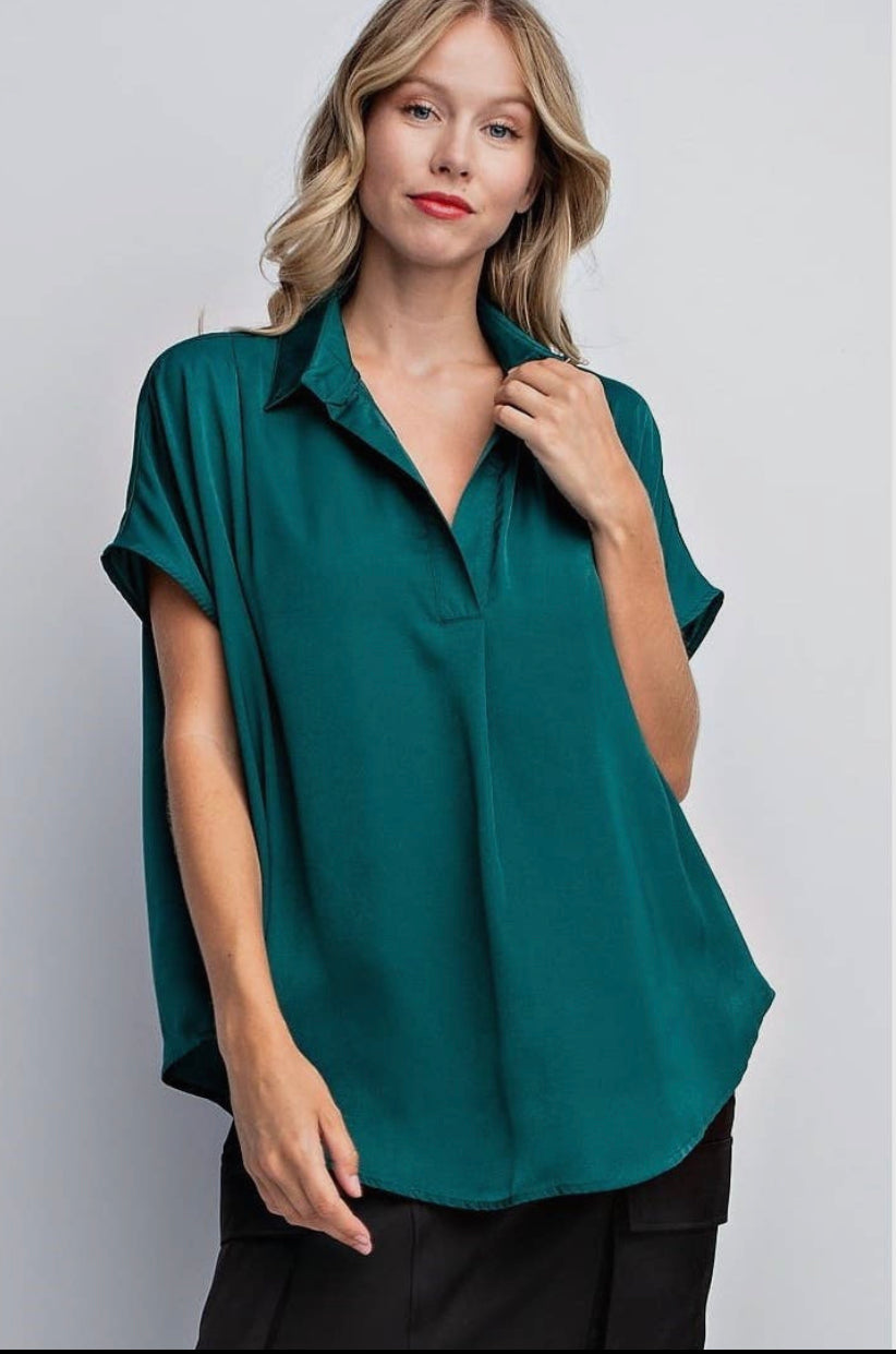 Stating Facts Satin Top - Emerald Green