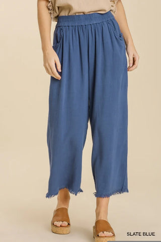 Keep Interest Raw Hem Linen Pants - Slate Blue