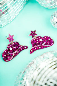 Glitter Pink Cowgirl Hat Earrings