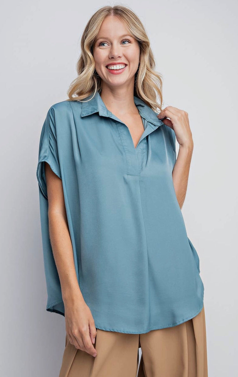 Stating Facts Satin Top - Dusty Blue