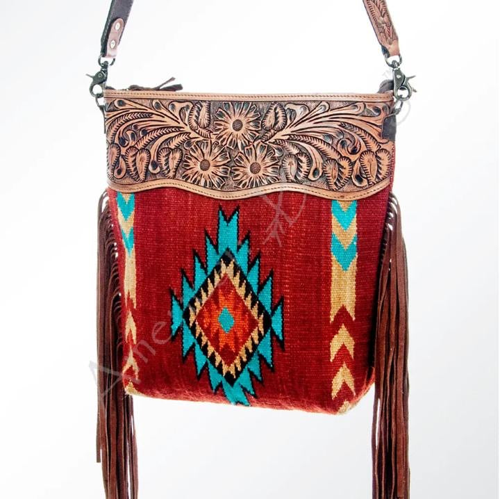 American Darling - Red and Turquoise Tribal Tooled Fringe Crossbody