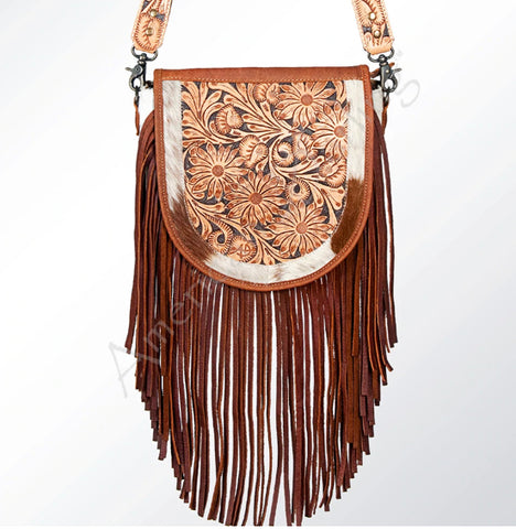 American Darling - Brown Hide Saddle Canteen with Fringe Crossbody