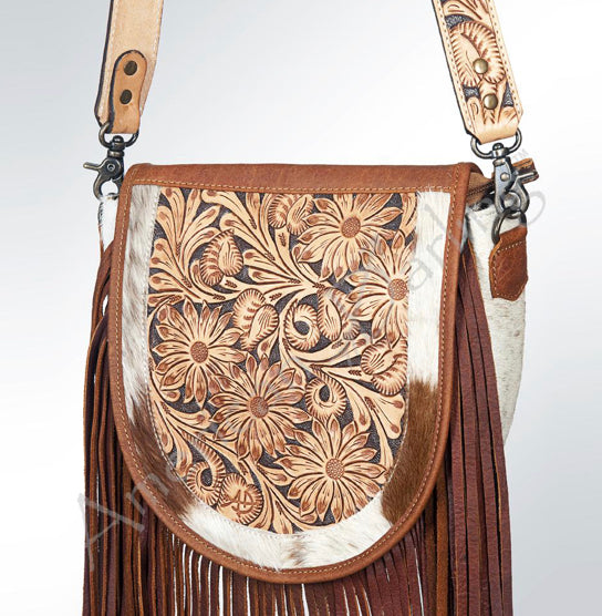 American Darling - Brown Hide Saddle Canteen with Fringe Crossbody